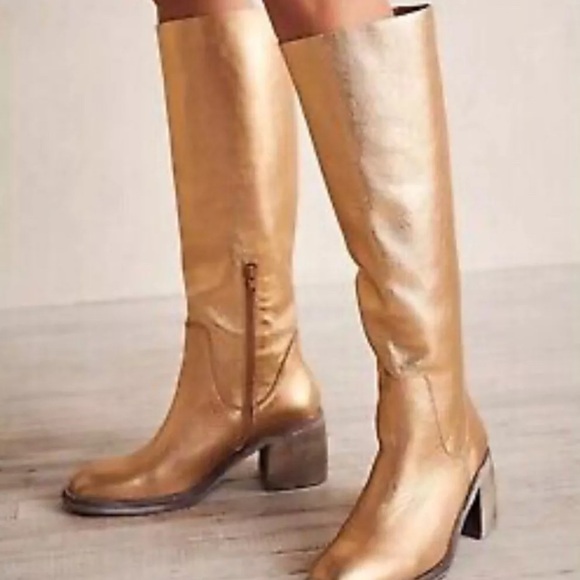 Free People Essential Tall Boot Inside Zipper Gold Metallic Leather - Picture 4 of 11